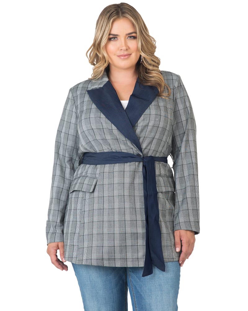 Front of a model wearing a size 1X Selma Wrap Blazer in Black & White Plaid by Standards & Practices. | dia_product_style_image_id:280911
